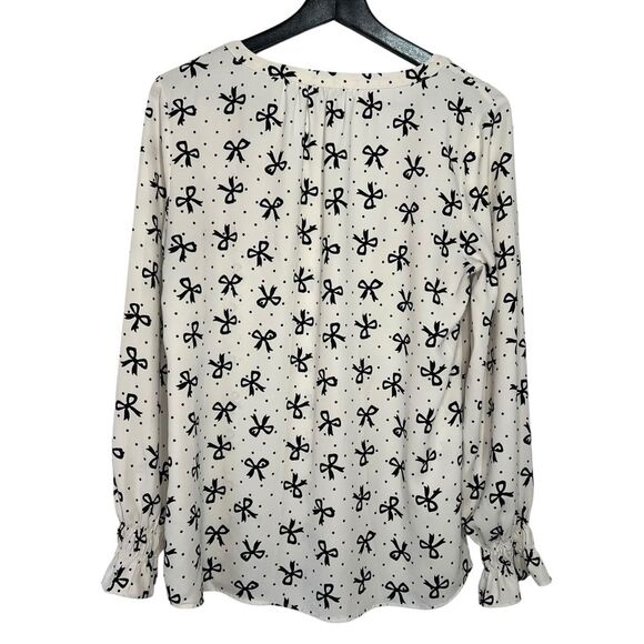 Talbots Smocked Sleeve Bow Top Womens Medium Black/White Split Neck Blouse - Picture 4 of 6